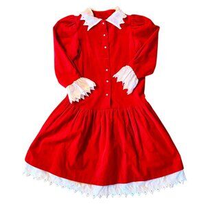 Vintage Golden Rainbow Cherry Red Velvet Modest Dress Eyelet Embroidered Collar